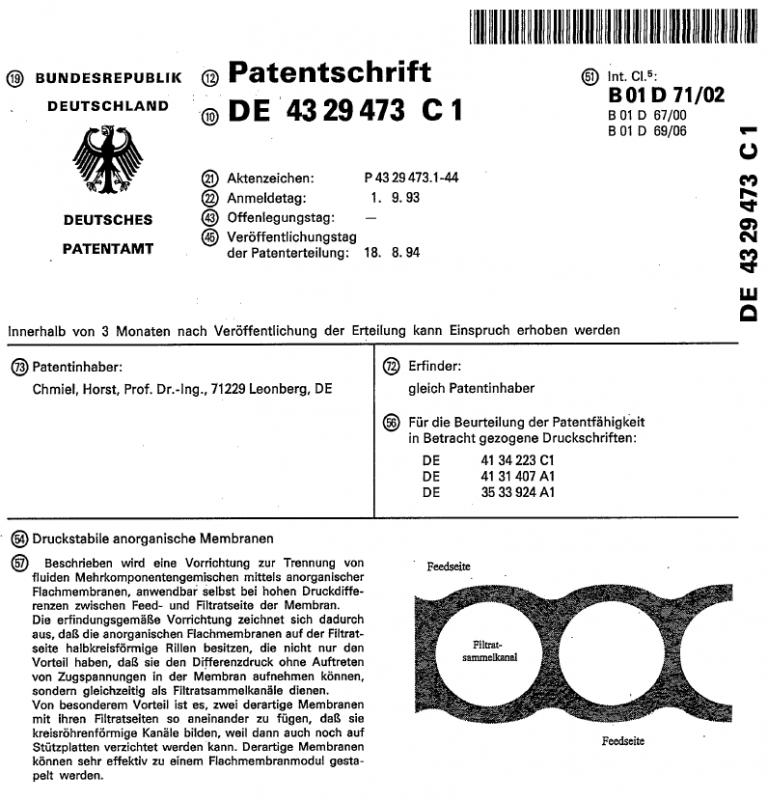 Ceramic flat sheet membrane - CERAFILTEC - first patent 1993